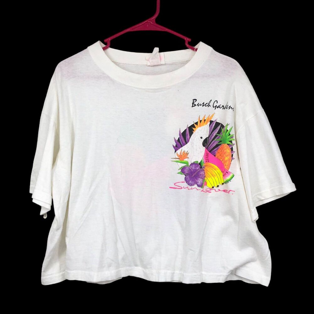 Vintage 1991 Busch Gardens Cropped T-Shirt, Sun Lover, Bright Textured Graphics